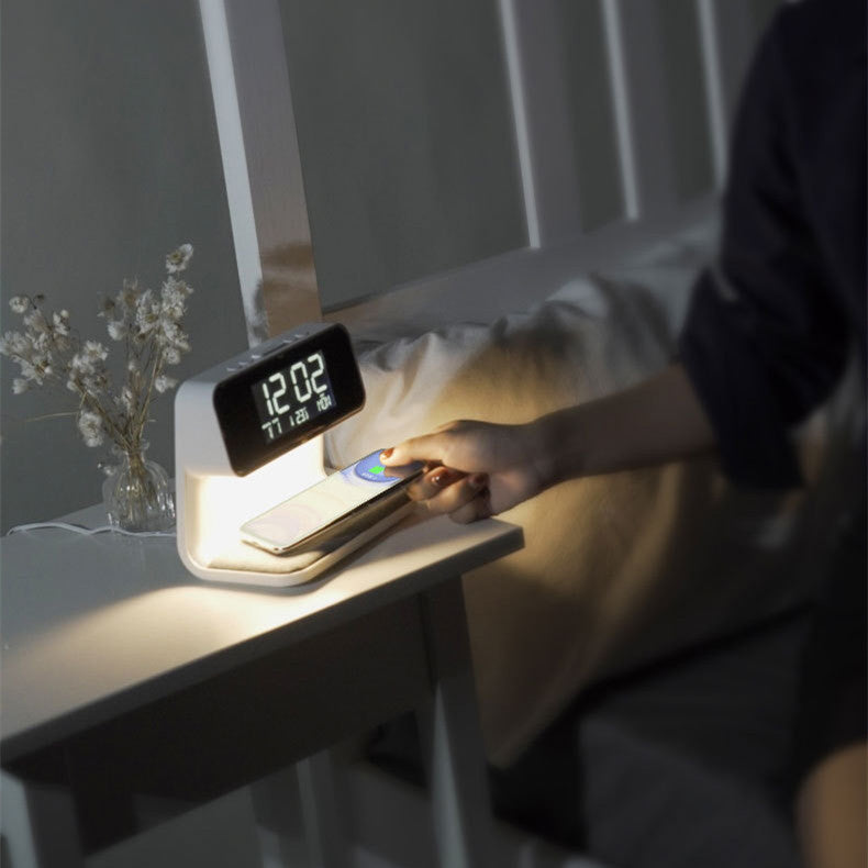 AuraStand: 3-in-1 Wireless Charger, Alarm Clock, and LED Night Light.