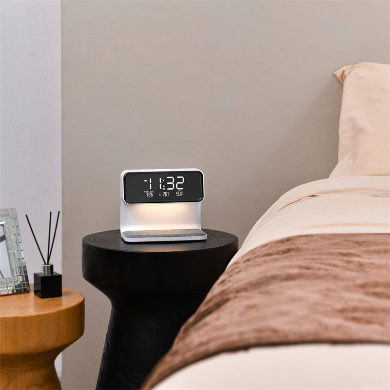 AuraStand: 3-in-1 Wireless Charger, Alarm Clock, and LED Night Light.