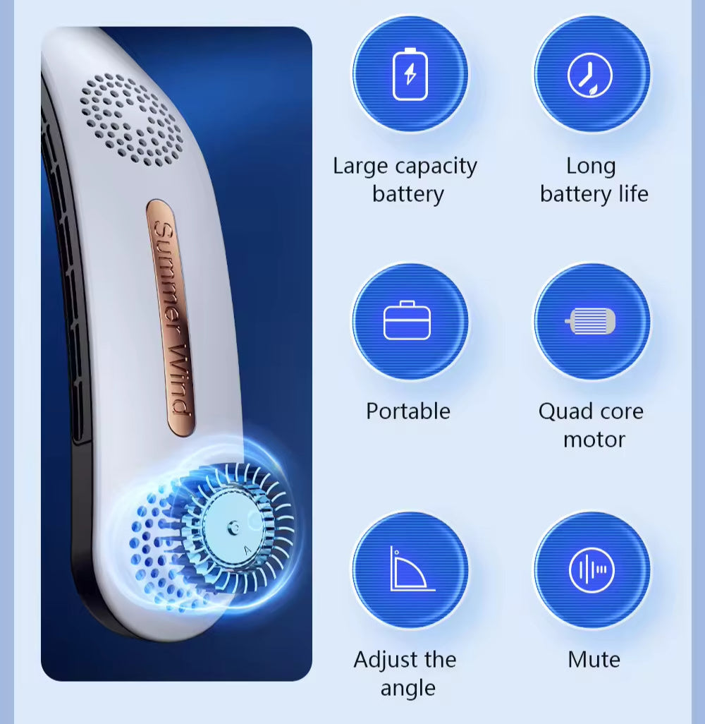 SummerBreeze Neck Fan: Portable, Rechargeable, Adjustable Hands-Free Cooling.