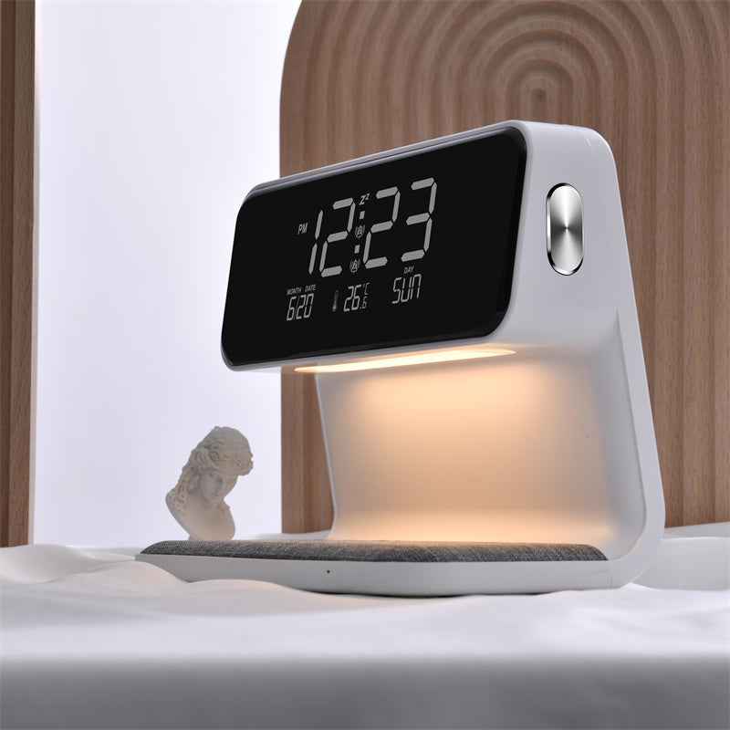 AuraStand: 3-in-1 Wireless Charger, Alarm Clock, and LED Night Light.
