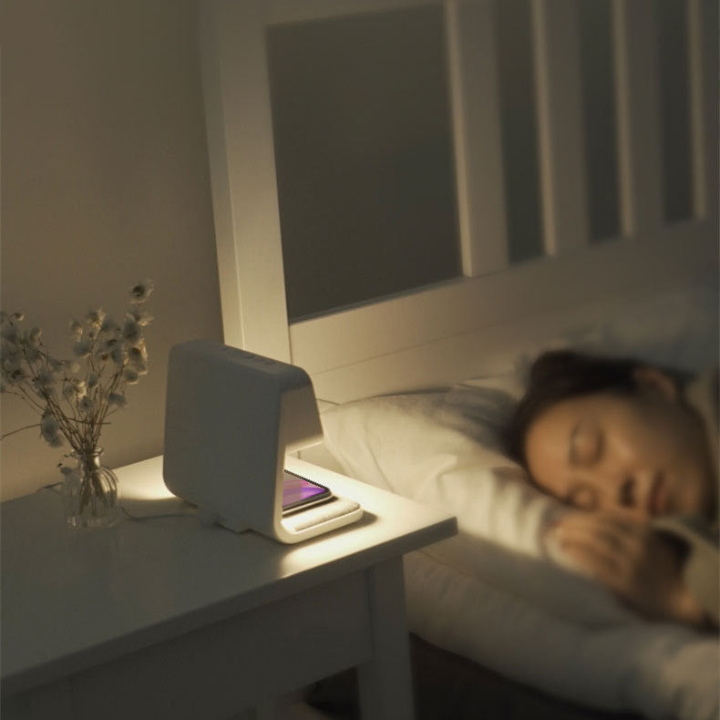 AuraStand: 3-in-1 Wireless Charger, Alarm Clock, and LED Night Light.