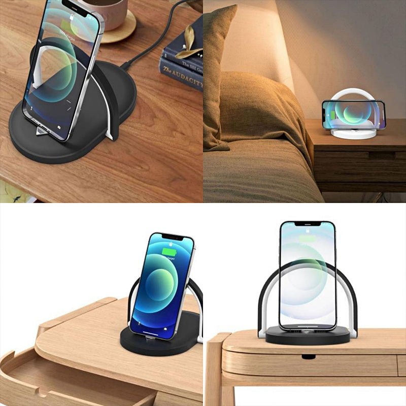 AuraCharge Lamp: 15W Wireless Charger, LED Night Light, Phone Stand.