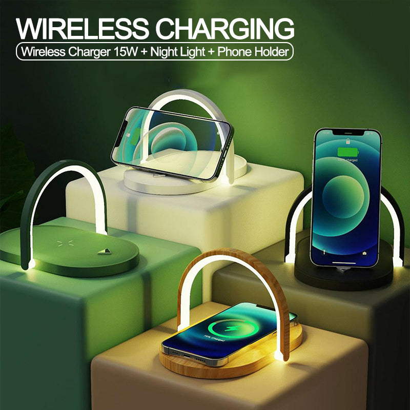AuraCharge Lamp: 15W Wireless Charger, LED Night Light, Phone Stand.